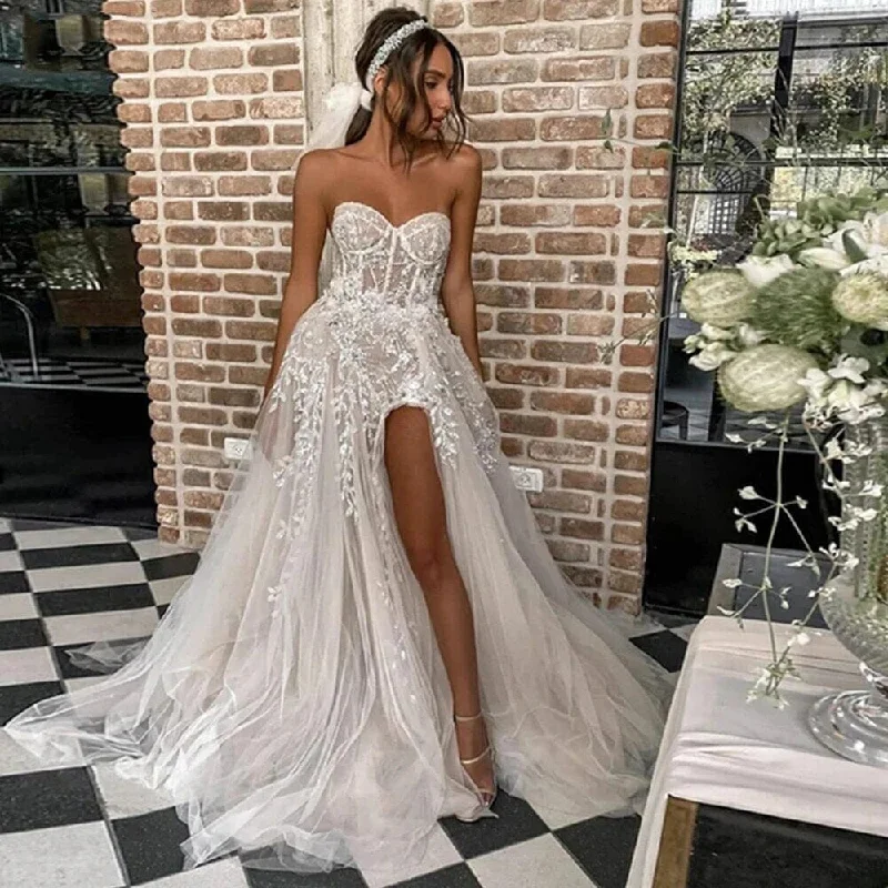 Women's Vacation Outfit Luxury Fashion Discounts Strapless Lace Beach Wedding Dress