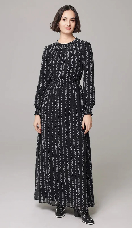 Women's Formal Event Clothing Don't Miss Out Nadia Smocked Print Chiffon Modest Long Maxi Dress - Black/White Stripe - PREORDER (ships in 2 weeks)