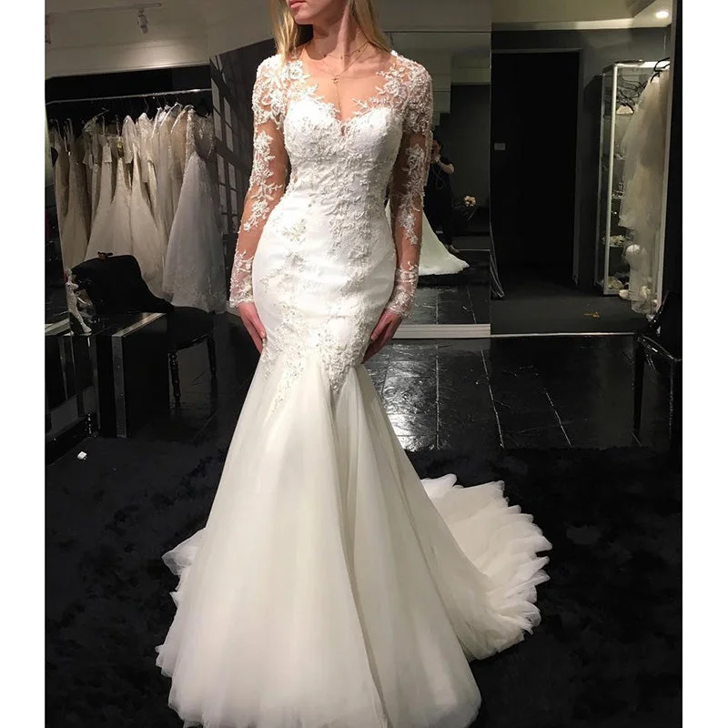 Women's Clothing Sets Valentine's Special Sexy See Through Long Sleeves V Neck Mermaid Fishtail Wedding Dresses