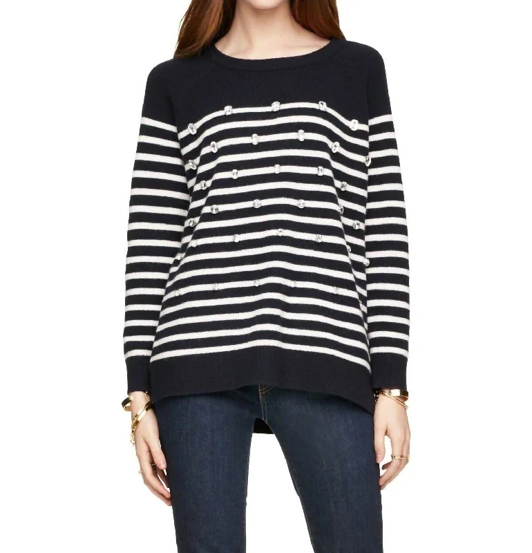 Stylish Women's Garments Catch Every Fashion Trend Crystal Embellished Stripe Merino Wool Pullover Sweater In Blue