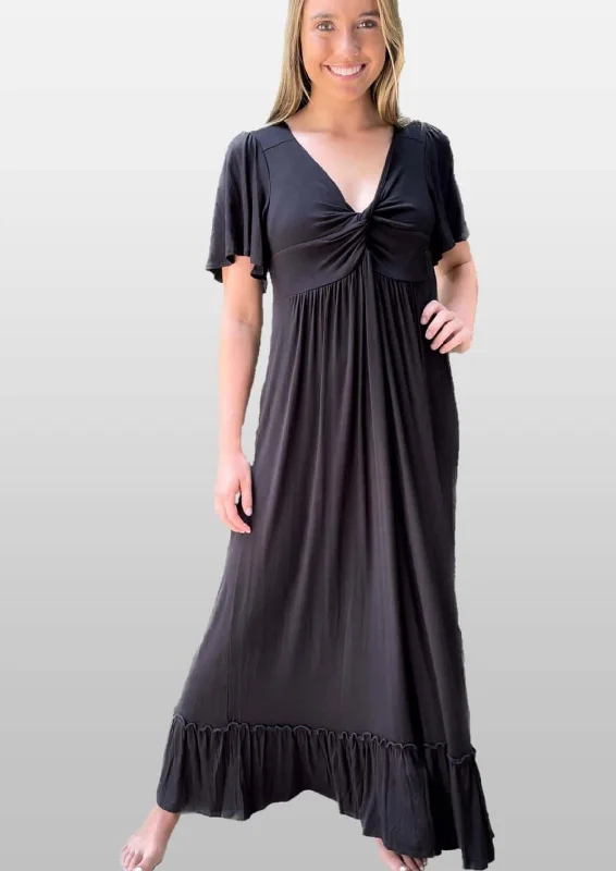 Women's Activewear Outfit Fashion Forward, Function First Black V-Neck Maxi Dress With Flutter Sleeves CLEARANCE FINAL SALE