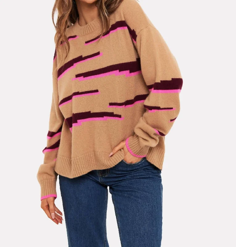 Women's Activewear Attire Insane Discount Onslaught Glitch Zebra V Neck Sweater In Camel/sangria/diva Pink