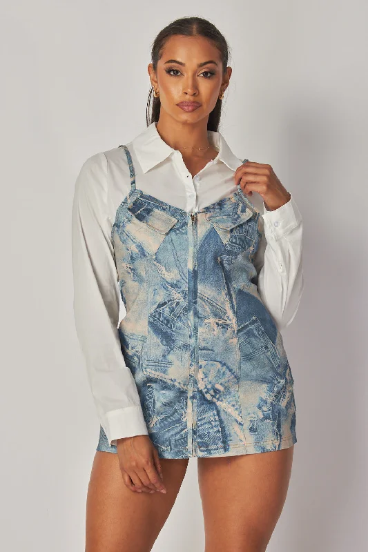 Women's Seasonal Apparel Crazy Price Slashing Danai Denim Print Button Up Shirt Mini  Dress