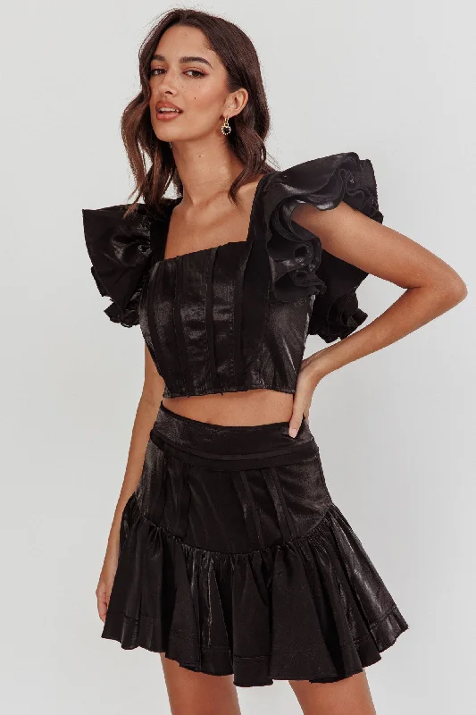 Women's Comfortable Clothes For Weekends Flash Sale Now Debutante Ruffle Sleeve Crop Top Black