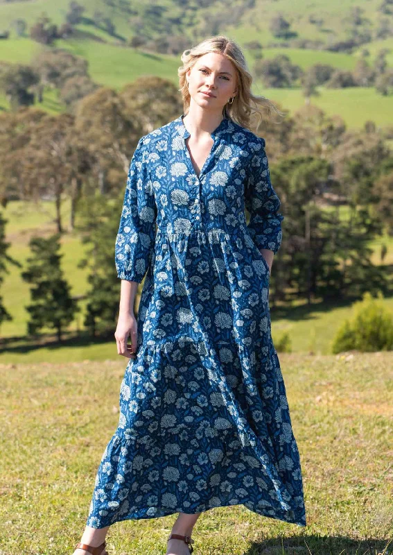 Women's Outerwear Attire Chic Style, Always In Vogue Blue Meadow Tiered Maxi Dress