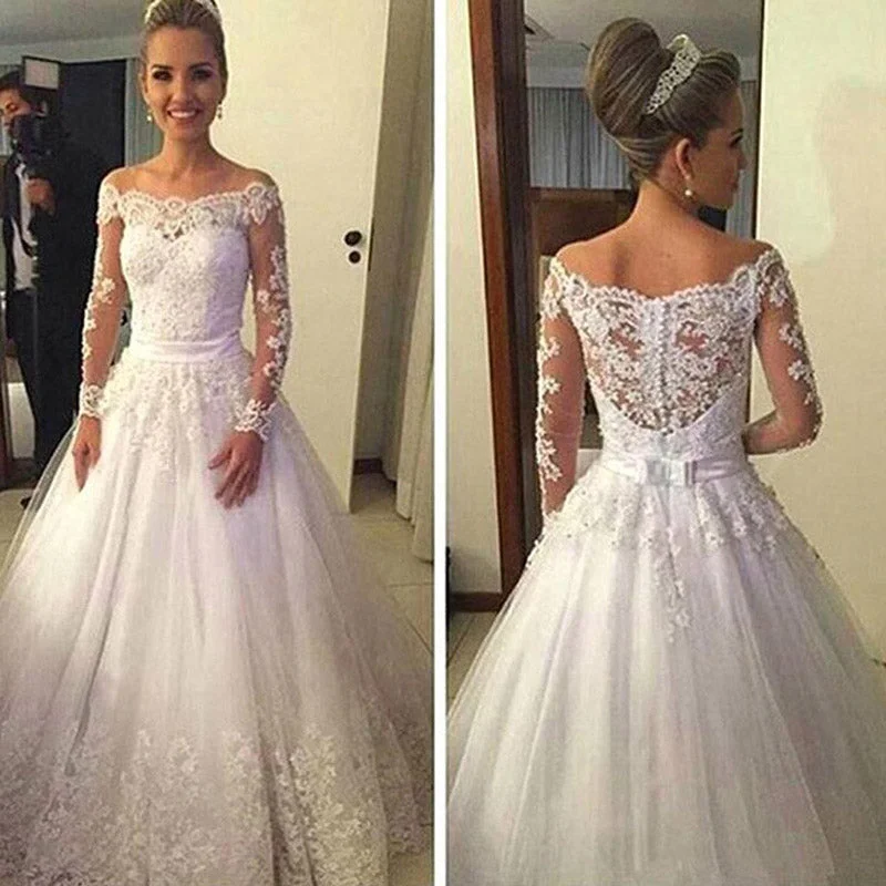 Classic Women's Apparel Flash Sale Fever Enchanting Off the Shoulder Wedding Dress with Long Sleeves Lace Bride Gown vestidos de noiva