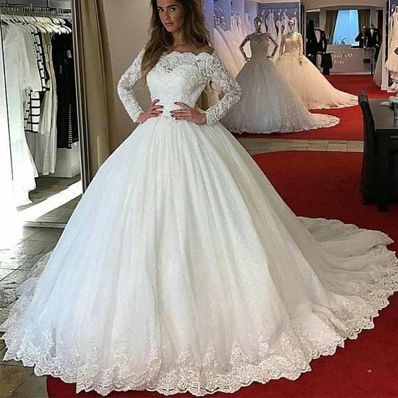 Women's Transitional Outfit Relaxed Style LP1245 off the Shoulder Long Sleeves Lace Ball Gown Wedding Dress Princess Bridal Gown 2018