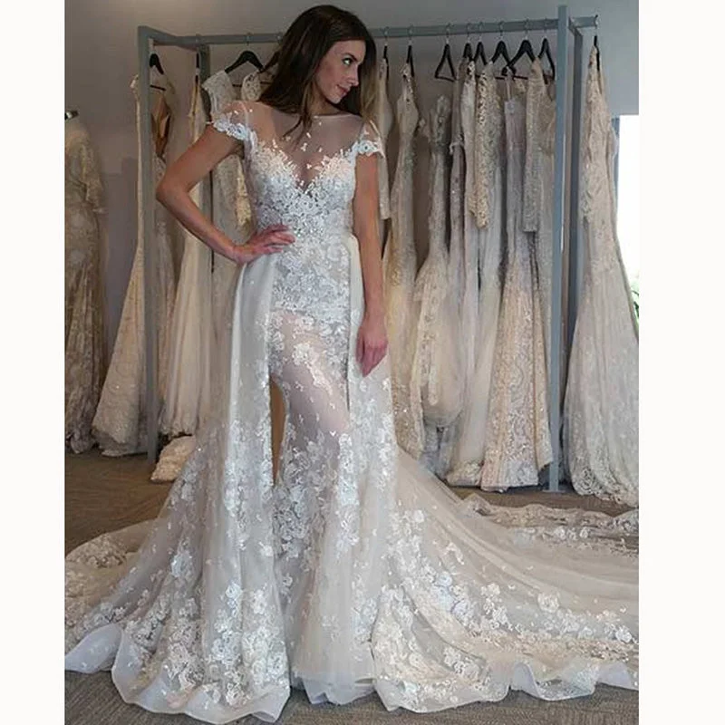 Casual Apparel For Women Polished Style Deals Luxury Detachable Train lace Mermaid wedding Gown 2018 Lace Bridal Dresses