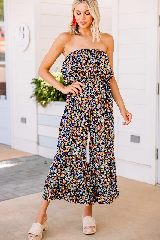 Women's Trendy Outfit Clearance Sale, All Cheap Can't Go Back Navy Blue Ditsy Floral Jumpsuit