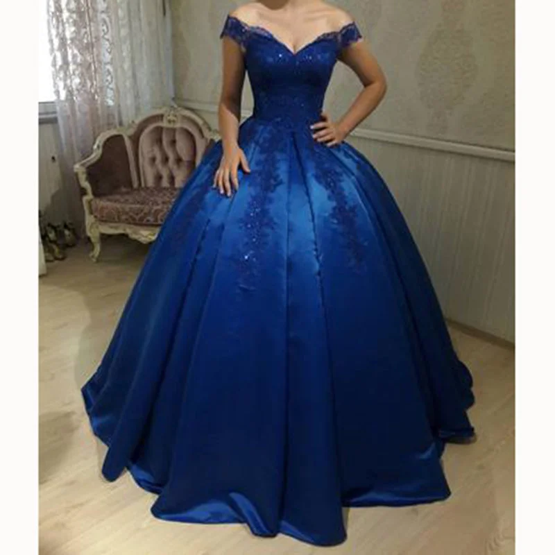 Women's Clothes For Outdoor Events Limited Stock, Big Discounts off the shoulder ball gown satin blue wedding dress formal gown with lace prom 2018