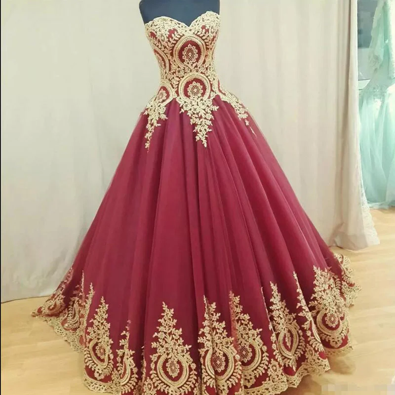 Affordable Fashion Clothing For Women Trendy Women'S Wear Collection WD5512 Ball Gown Burgundy Wedding Dress Gold Appliqued Lace Bridal Gown bride Engagement Gown 2018