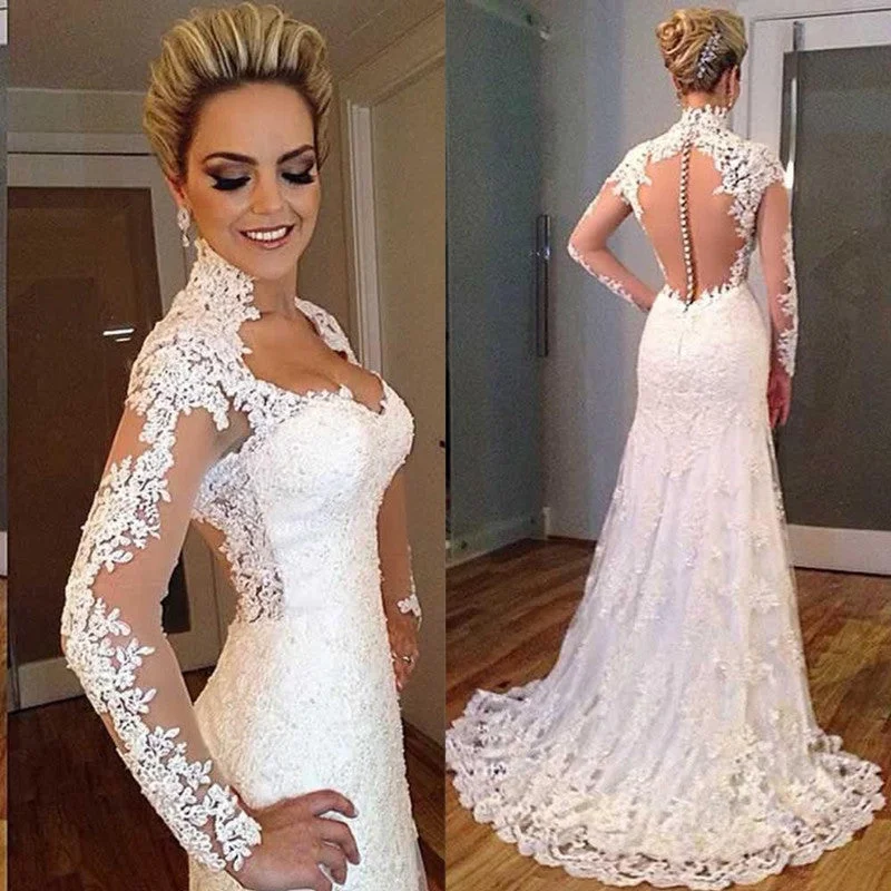 Affordable Fashion Clothing For Women Trend Alert Gorgeous Vintage Wedding Dresses Lace ,High Neck Bridal Gown with Long Sleeves