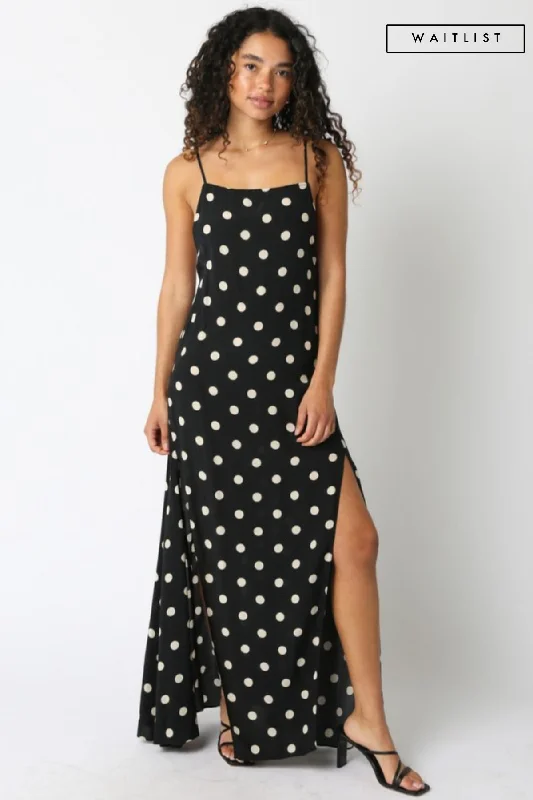 Women's Chic Outerwear Outfit Limited-Time Offer Waitlist 2/4 ♥ Maleah Sleeveless Low Open Back Polka Dot Print Maxi Dress Black