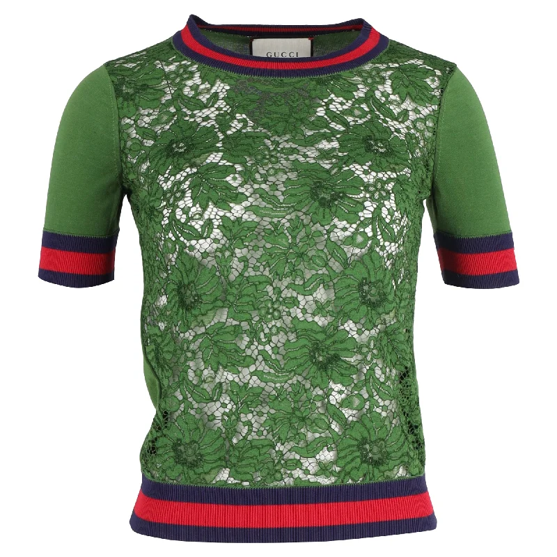 End Of Season Sale Gucci Knitted Floral Lace With Webbing Collar and Hems Top in Green Cotton