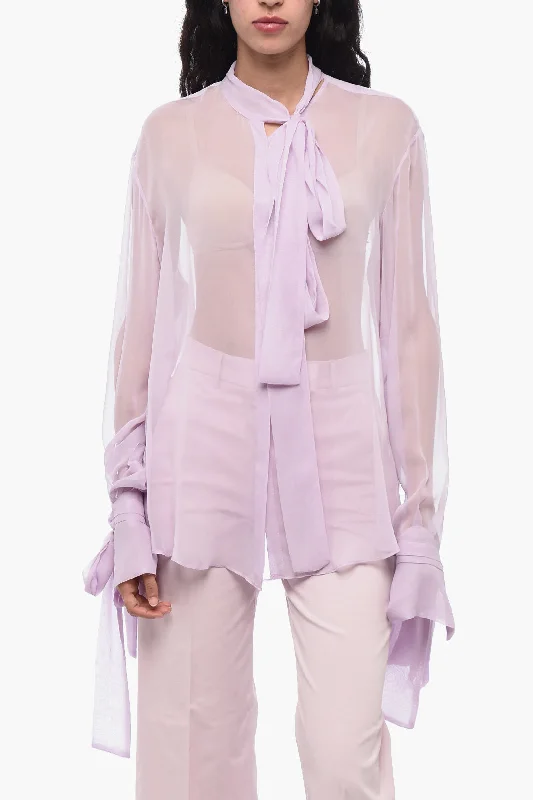 Clearance Event LaQuan Smith Silk Chiffon Tie Neck Shirt with Knotted Cuffs