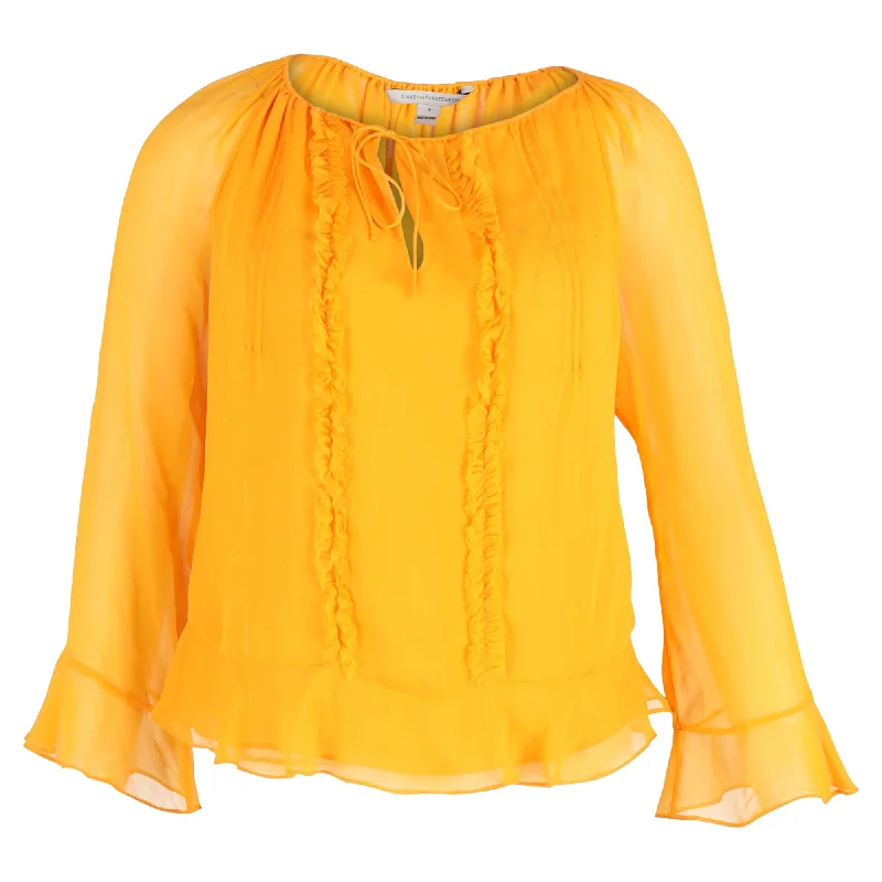 Vintage Style Deals Diane Von Furstenberg Ruffled Sheer Sleeve Top in Yellow Silk