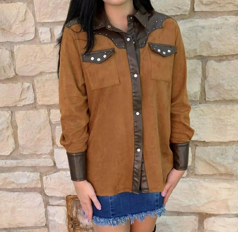 Hot Items Suede Western Shirt In Brown Faux Suede