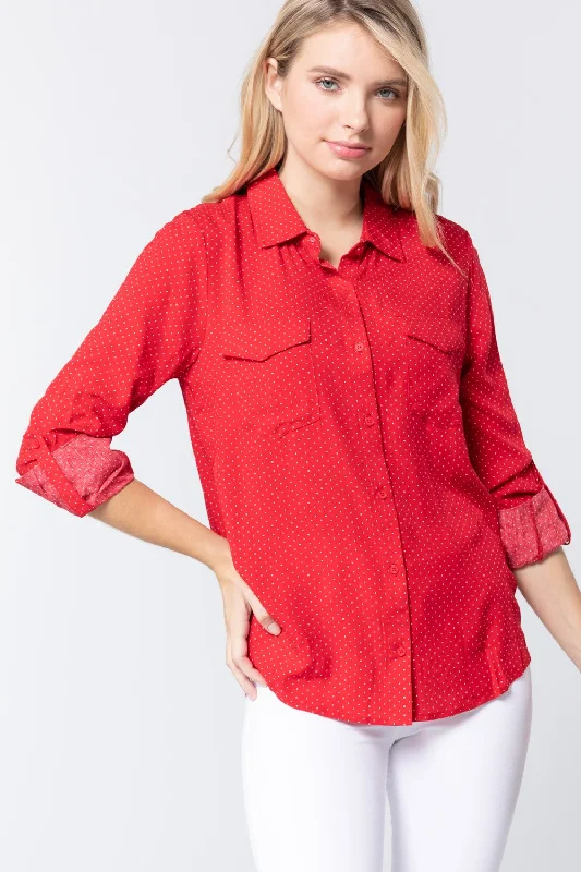 Premium Style Offers 3/4 Roll Up Slv Dot Print Shirt