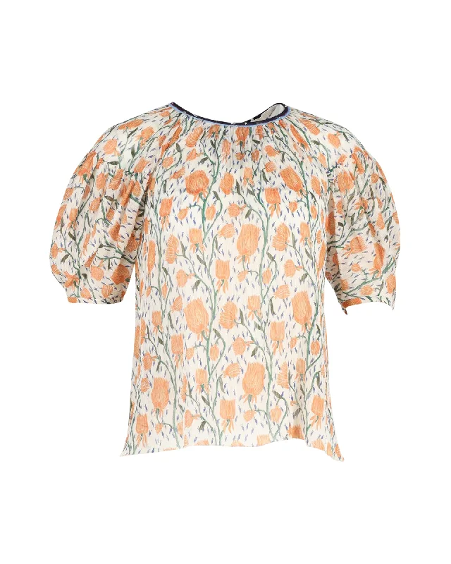 Chic & Cozy Collection Chloe Floral-Print Puff-Sleeve Top in Orange Silk