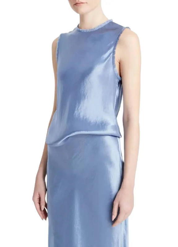 Laid-Back Fashion Offers Satin Frayed Edge Shell Top In Azure Gem