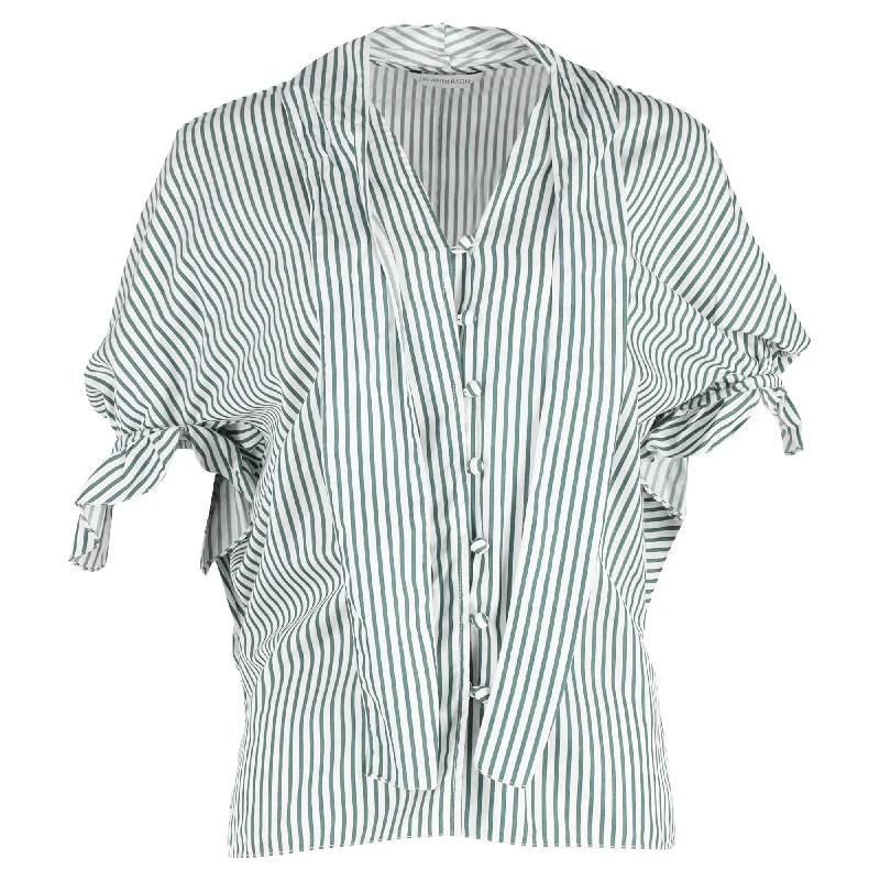 Urban Style Promotions JW Anderson Tie-Neck Striped Top in White and Green Cotton