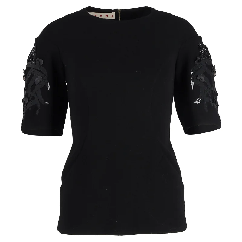 Style Revolution Marni Embellished Balloon Sleeve Top in Black Wool