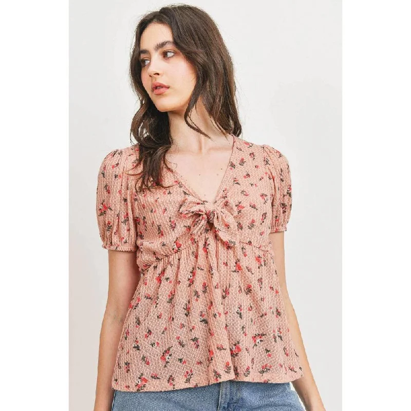 Vibrant Style Promotions Front Tie Floral Waffle Top