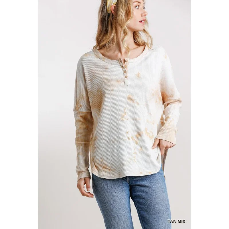 Fall Sale, Prices Drop Tie Dye Round Neck Ribbed Button Front Top With Round Hem