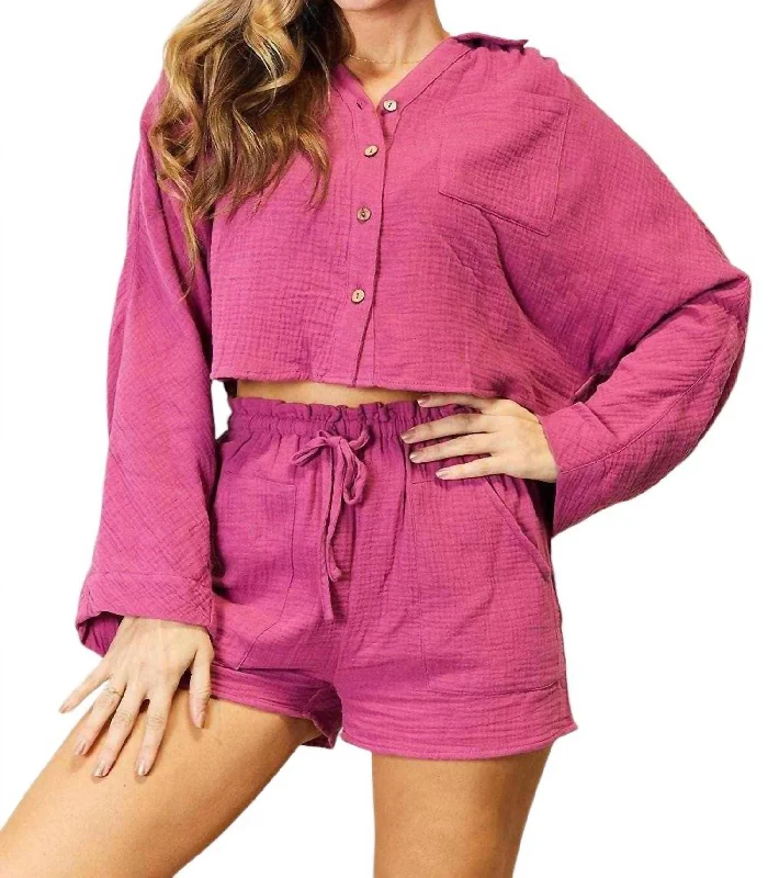 Fashionable Comfort Promotions Chic Two-Piece Button-Up Set In Fuchsia