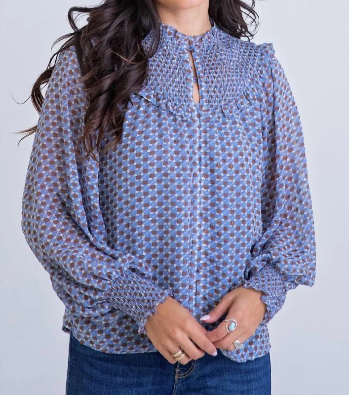 Romantic Chic Deals Geometric Smocked Button Top In Blue