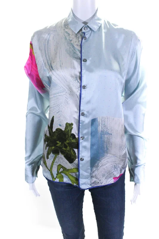 Mega Sale Rohka Womens Button Front Collared Astronaut Satin Shirt Blue