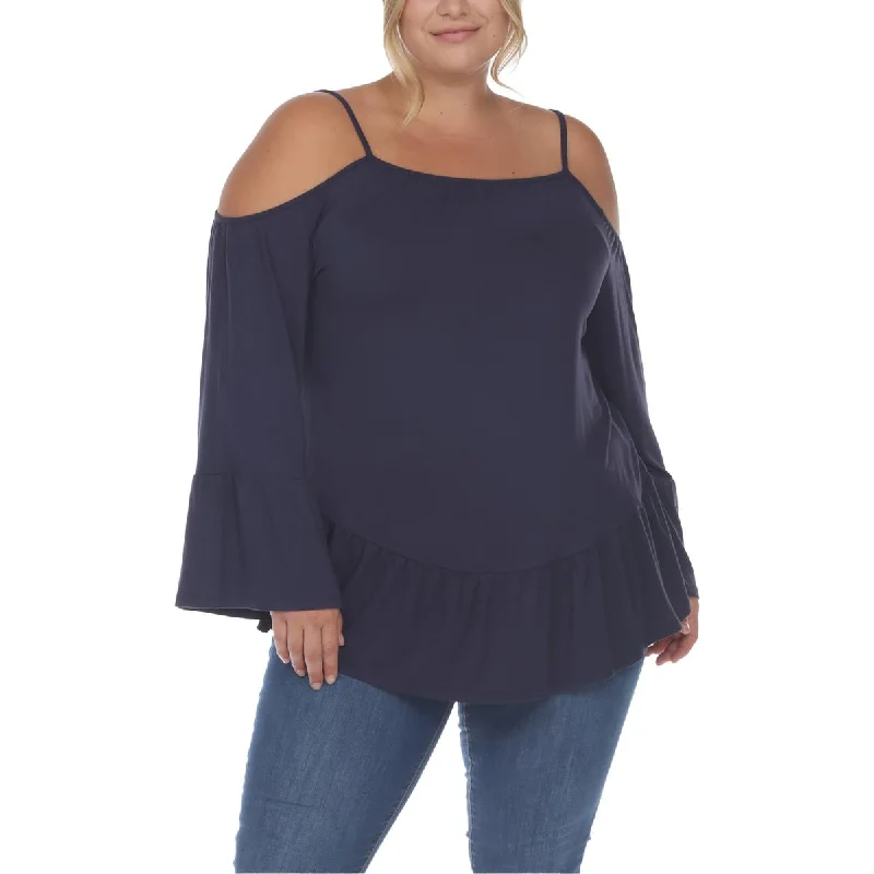 Trendy Women's Wear Collection Plus Womens Ruffled Hem Cold Shoulder Peasant Top