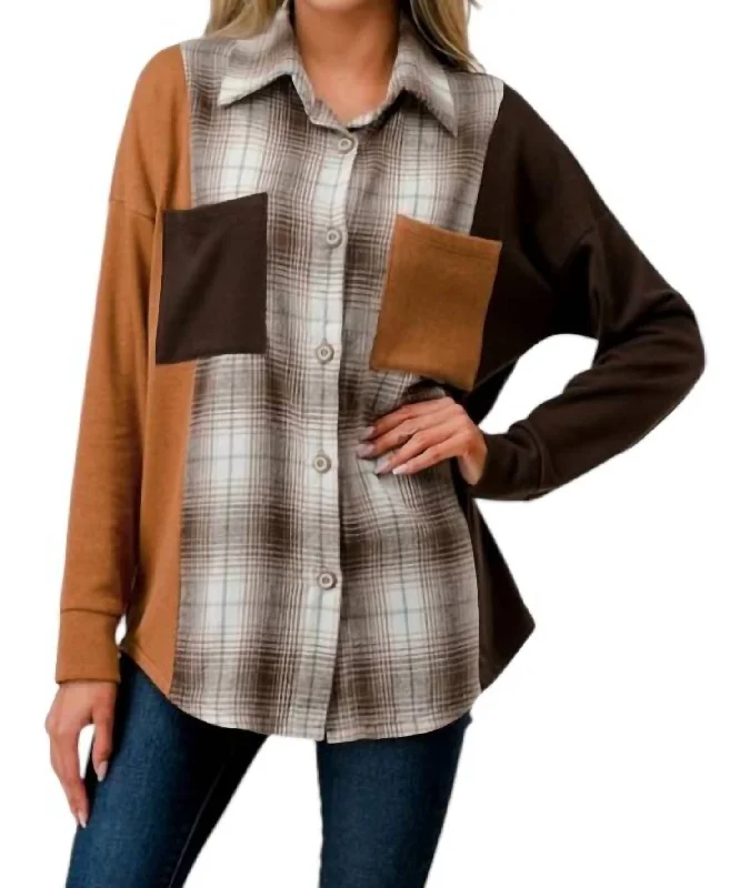 Sophisticated Style Offers Joanna Color Block Plaid Top In Tan