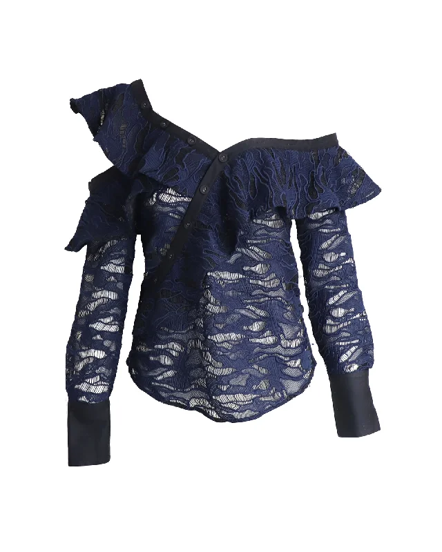 Fashion-Forward Self-Portrait Asymmetric Ruffled Top in Navy Blue Polyester