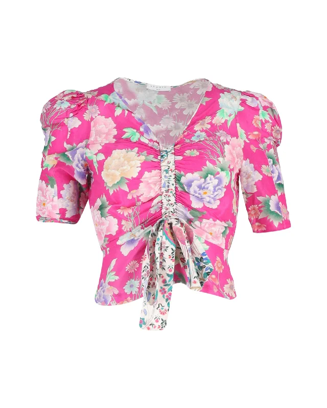 Trendy Fashion Sale Sandro Paris Becky Floral Print Puff-sleeve Top In Pink Linen