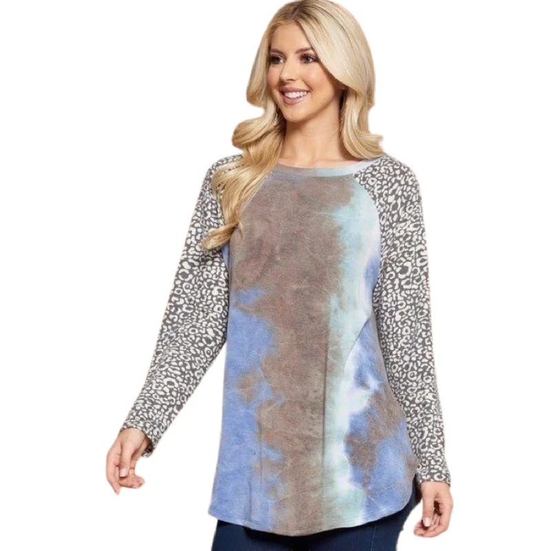 Trendy Women's Wear Collection Plus Size French Terry Tie Dye Casual Color Block Top