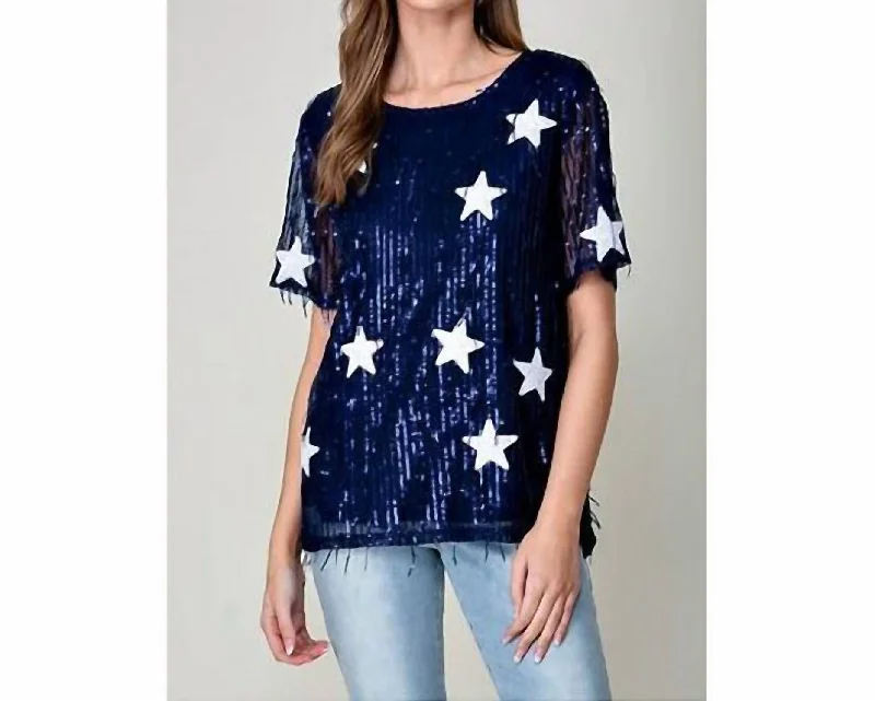 Vintage Style Deals Game Day Star Sequin Fringe Top In Navy