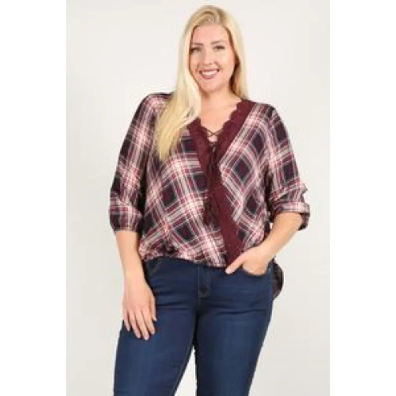 Fashion Forward Plaid 3/4 Sleeve Top With Hi-lo Hem, V-neckline, And Relaxed Fit