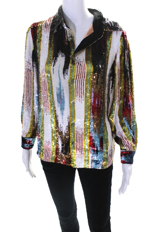 Holiday Glam Ashish Womens Sequin Ikat Stripe Shirt Poppy Multicolor