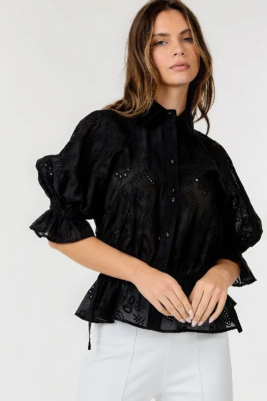 Limited Time Special Offer Button-down Collar Neck Embroidered Top