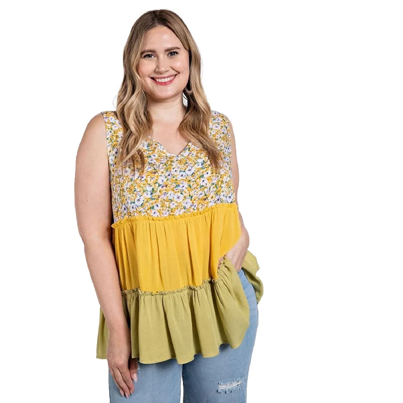 Chic Trends Unveiled Floral Color Block Ruffle Detail Tiered V-neck Top