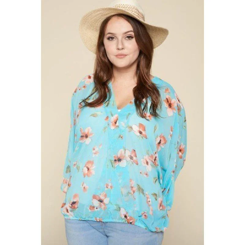 Chic And Edgy Plus Size Floral Chiffon Sheer Surplice Top