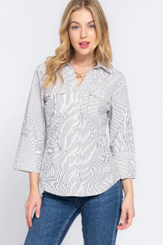 Chic & Modern Sales Long Slv Y/d Stripe Woven Shirt