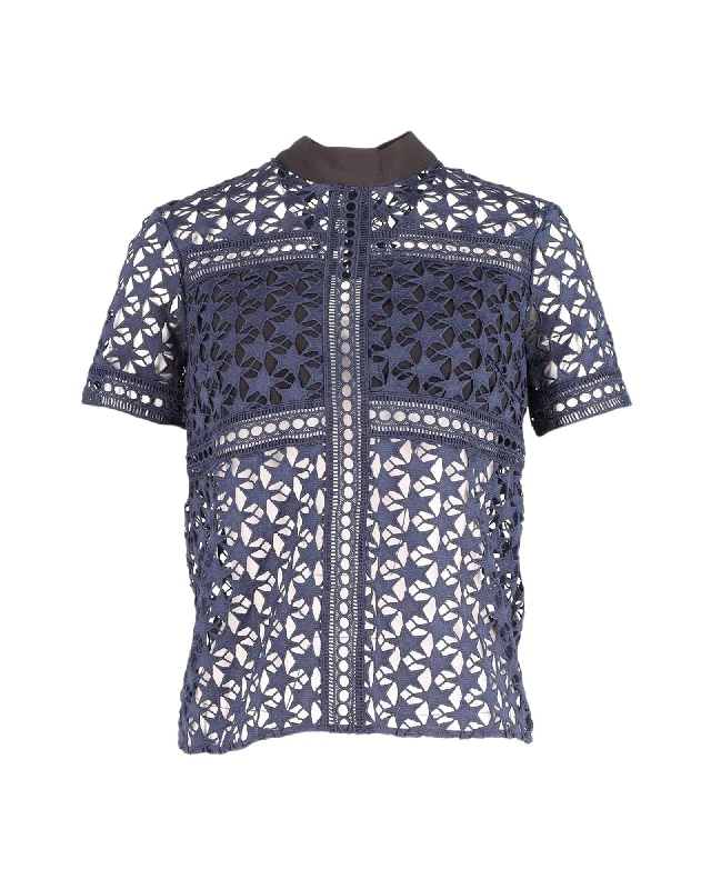 Elegant Fashion Offers Self-Portrait Star Pattern Sheer Top in Navy Blue Polyester