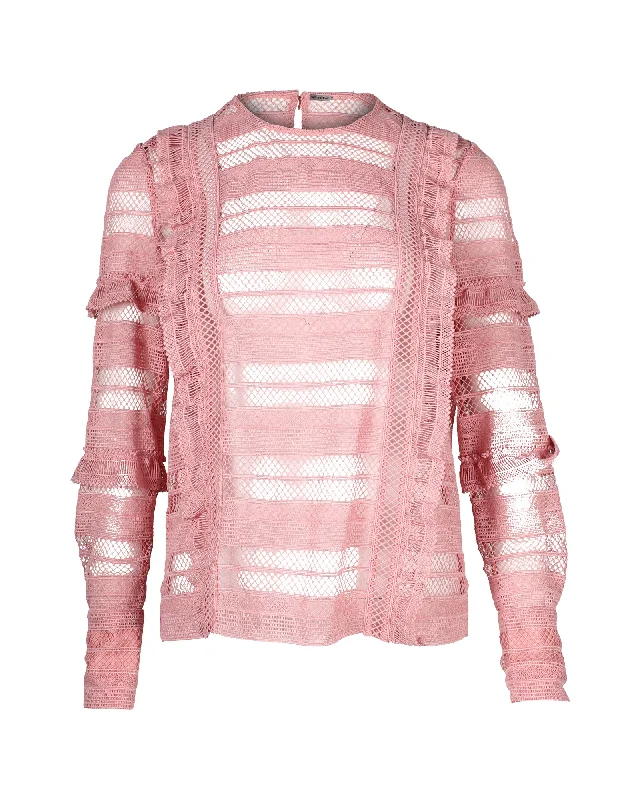 Elegant Fashion Offers Self-Portrait Ruffle Stripe and Grid Lace Top in Pink Polyester