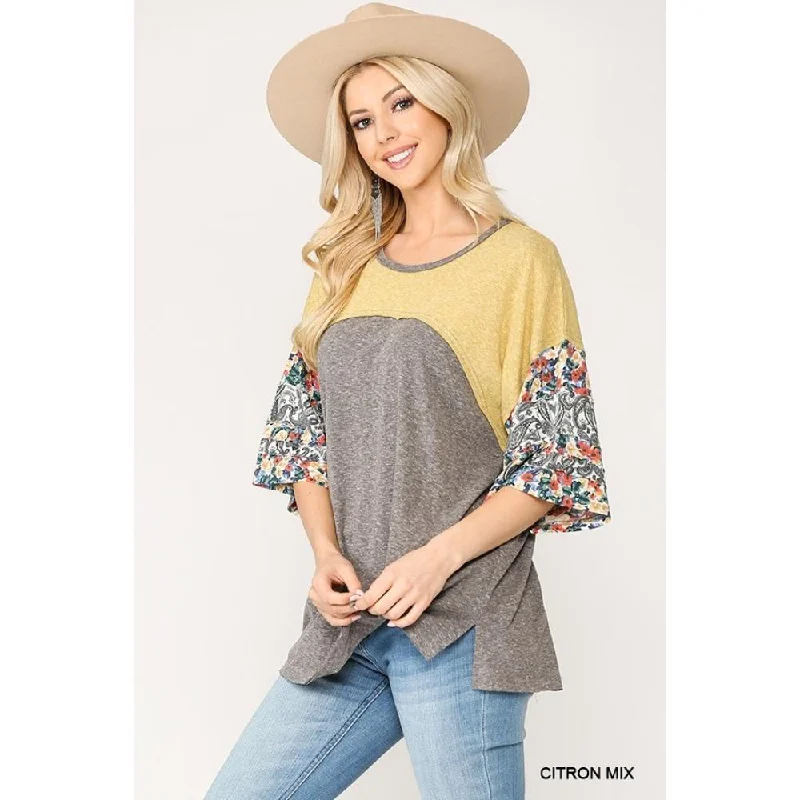 Seasonal Clearance Colorblock Knit And Floral Print Mixed Top With Dolman Sleeve