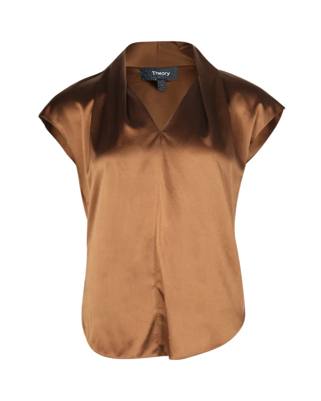 Casual Chic Deals Theory Draped-neck Cap-Sleeve Top in Brown Silk