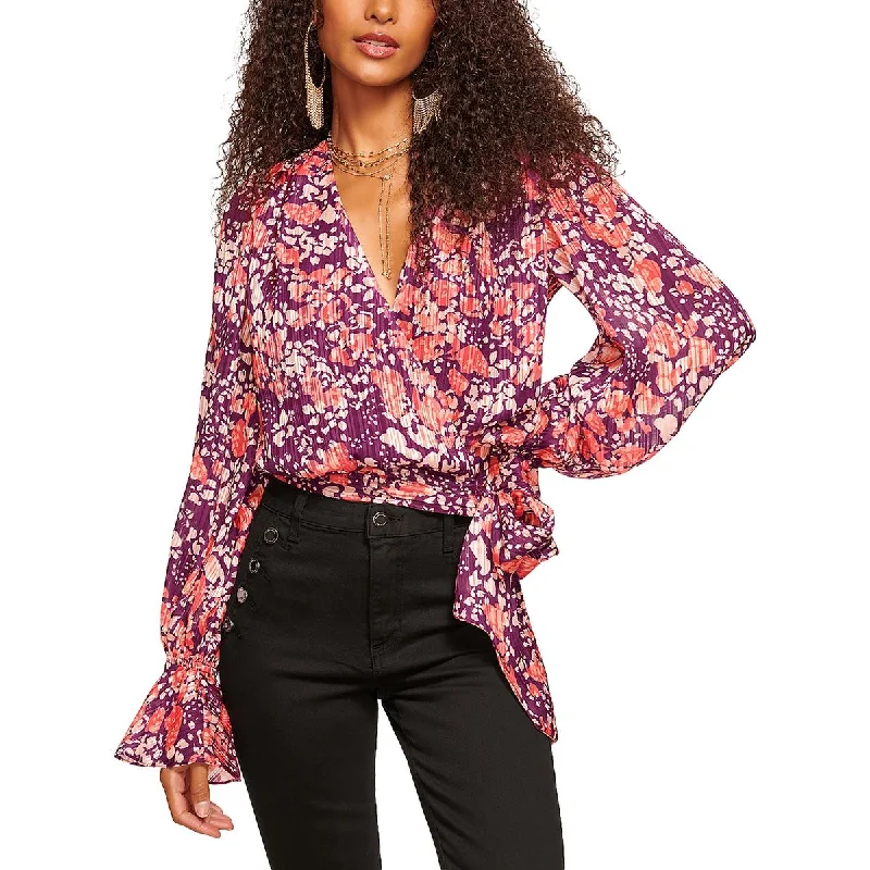 Elegant Style Womens Floral Print Pleated Wrap Top