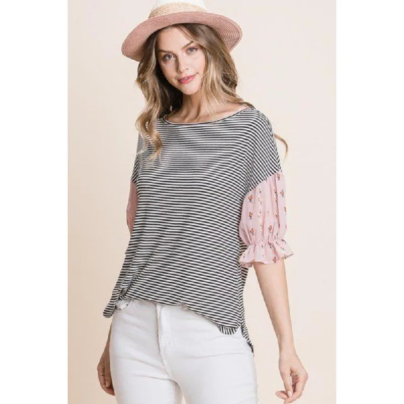 Unbeatable Deals Cute Striped Curved Hem Casual Top