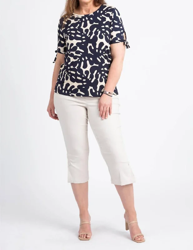 Limited Edition Palm Leaf Tie Sleeve Top In Jet Blue